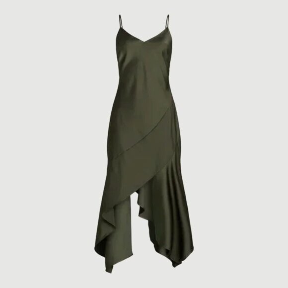 NWT, SZ L, Bias Cut Satin Tango Dress w/ Handkerchief Hem, Olive Green - Picture 1 of 1